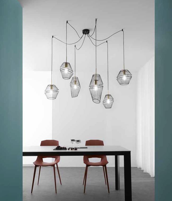 Sospensione 6 luci forma gabbietta in metallo nero finitura oro satinato 6XE27 non incl. KIKO Sospensione 6 luci forma gabbietta in metallo nero finitura oro satinato 6XE27 non incl. KIKO